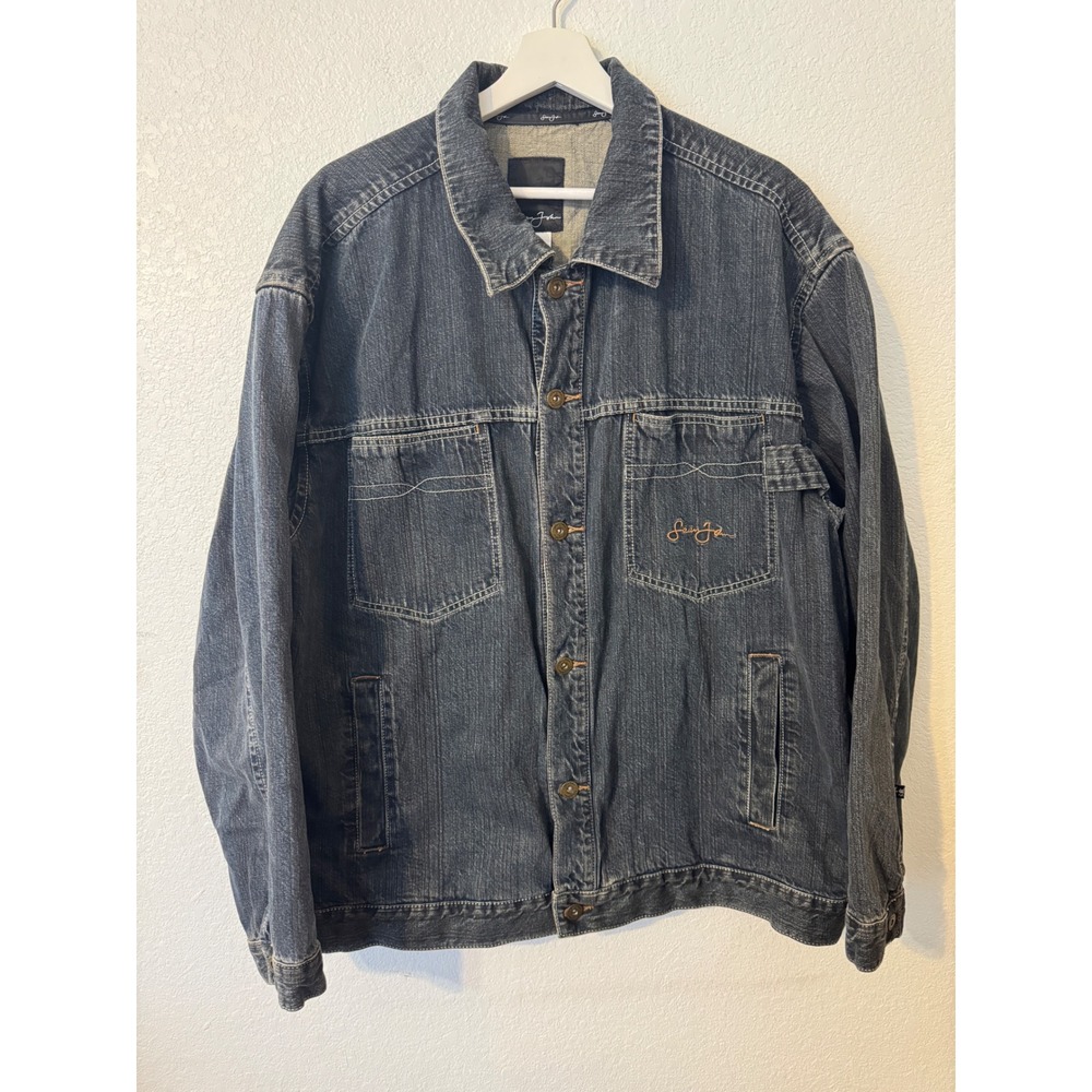 Sean John Mens Blue Denim Jean Jacket Button Up Embroidered Logo Casual